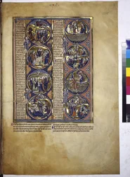 Página inteira: oito medalhões que encerram miniaturas acompanhadas de um texto explicativo, c.1225-1250 (têmpera sobre pergaminho)