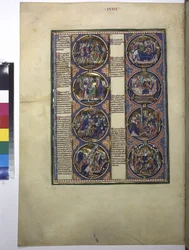 Página inteira: oito medalhões envolvendo miniaturas e acompanhados de um texto explicativo, c.1225-1250 (têmpera sobre pergaminho)