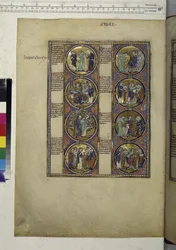 Página inteira: oito medalhões envolvendo miniaturas e acompanhados de texto, c.1225-1250 (pintura a têmpera)