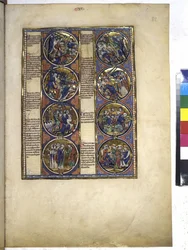 Página inteira: oito medalhões envolvendo miniaturas e acompanhados de texto, c.1225-1250 (têmpera sobre pergaminho)