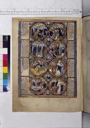 Página inteira: oito medalhões envolvendo miniaturas e acompanhados de texto, c.1225-1250 (pintura a têmpera)