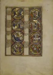 Página inteira: oito medalhões envolvendo miniaturas e acompanhados de texto, c.1225-1250 (pintura a têmpera)