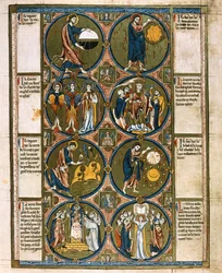 Página inteira: oito medalhões com texto de acompanhamento: A Criação do Mundo, c.1225-1250 (pintura a têmpera)