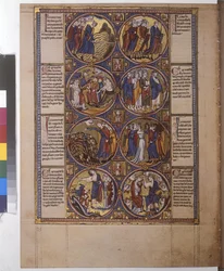 Página inteira: oito medalhões com miniaturas, a irmã de Aarão, dançando com um tambor na mão), c.1225-1250 (pintura a têmpera)