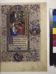 Página inteira: miniatura emoldurada, com texto e inicial a têmpera por baixo