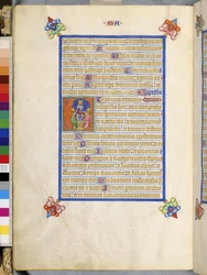 Página inteira: texto emoldurado com a inicial "E" historiada: Cristo envia os Doze