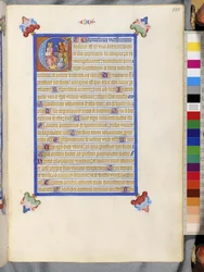 Página inteira: texto emoldurado com a inicial "E" historiada: A autoridade de Cristo questionada