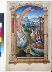 Página inteira: miniatura com moldura arquitetónica: duas naus com Margarida de Áustria e outras figuras numa paisagem ampla, c.1504 (pintura a têmpera)