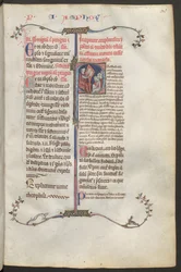 Página inteira: texto e inicial historiada: sentado à esquerda está o comentador Constantinus Africanus de Montecassino