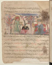 Página inteira: texto e miniatura: o médico Filagrius e o seu assistente preparando o theriac (miniatura)