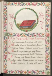 Página inteira: texto com medalhão figurativo e moldura decorativa