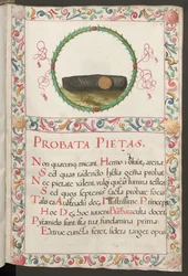 Página inteira: texto com medalhão figurativo e moldura decorativa