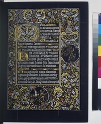 Página inteira: texto com iniciais, com medalhões nas orlas de ramagens, terceiro quartel do século XV