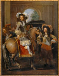 Nobre a cavalo com a sua comitiva diante de um portão gigante - Gentilhomme à cheval et carrosse devant une porte monumentale ...