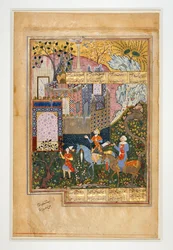 Khosrau I e o seu vizir em frente das ruínas: página de um manuscrito de O Armazém dos Mistérios - o primeiro dos cinco poemas de Khamsa de Nezami ...