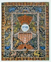 Mizrach, decoração pendurada nas paredes de uma casa ou sinagoga para indicar a direção ou orientação da oração, i (recorte de papel com tinta e têmpera)
