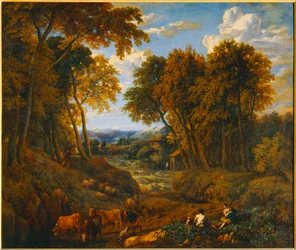 Paysage avec bergers et troupeaux dans un chemin forestier - Paisagem com pastor e rebanhos num caminho na floresta ...