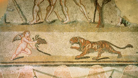 Putto e tigre. Mosaico da Villa Hermes, Aquincum, Hungria