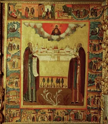 Santa Sosima e São Sawati segurando uma maqueta do mosteiro de Solowski (ícone)