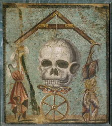 Caveira, símbolo da morte, rodeada de objectos simbólicos: uma borboleta para o tempo de voo, uma roda da fortuna