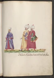 O serviço da sultana: eunuco com dois criados carregando mantas de cavalos.