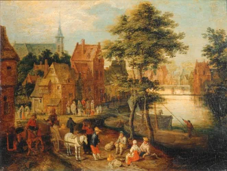 Aldeia da Flandres atravessada por um rio com carroças na estrada ...