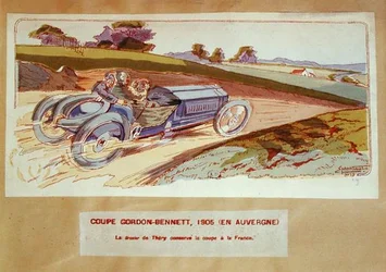 O carro Richard-Brasier conduzido por Leon Thery durante a corrida Gordon-Bennett no Auvergne em 1905, c.1910 (cor litho)