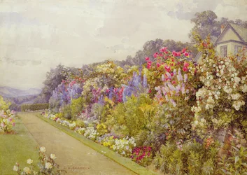 Borda de delfínios, em "Fellside", Windermere