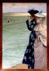 Lindo período: "Hora do banho junto ao mar" Duas mulheres em terra a examinar os banhistas em binóculo. Pintura de Ernest Ange Duez (1843-1896) 1896 Sol. 1,06x1,6 m Rouen, musee des Beaux Arts - Belle epoque: "Hora do banho à beira-mar" Duas mulheres na b