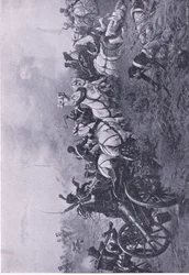 Captura da bateria francesa pelo 52º Regimento de Infantaria da Oxfordshire Light em Waterloo 18 de junho de 1815, ilustração das Batalhas Britânicas na Terra e no Mar, 1915