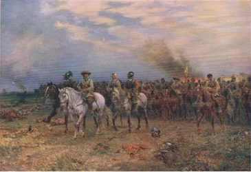 Cromwell em Marston Moor, ilustração de The History of the British People, publicado pela Waverley, cerca de 1940
