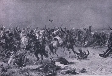 A carga dos Reis Possuir os Dragoons de Luz em Mudki, ilustração das Batalhas Britânicas na Terra e no Mar, 1915