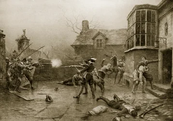 A última posição dos Conpiradores da Pólvora, ilustração de 1606, da "História da Nação Britânica" de Hutchinson, c.1923