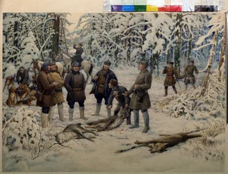 Depois de uma Caça bem sucedida. Grupos de caçadores reúnem a caça (lobos) ao sinal de um cavaleiro a soprar uma buzina. Pintura de Ernest Ernestovich Lissner (1874-1941), óleo sobre tela
