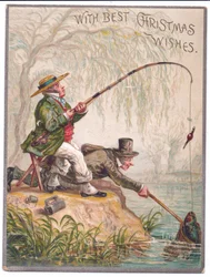 Um, vitoriano, cartão natal, de, dois homens, pesca, por, a, rio, c.1880