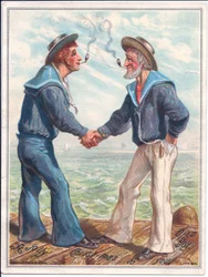 Um cartão de Natal vitoriano de dois marinheiros fumando cachimbos de barro e apertando as mãos, c.1880 (cor litho)