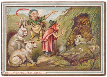Um cartão de ano novo vitoriano de uma velha saudando uma coruja olhou por um anão e dois coelhos, c.1880