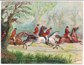 Um cartão vitoriano de caçadores de raposa correndo por enquanto a raposa se esconde em uma árvore, c.1880