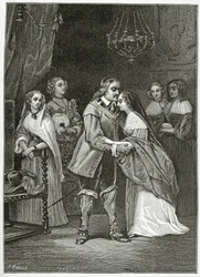 Cromwell e suas filhas, do século XIX (gravura bw)