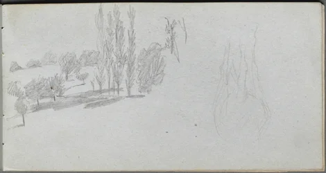 Caderno de desenho, página 18: Estudo de um estudo sobre cavalos e paisagens.