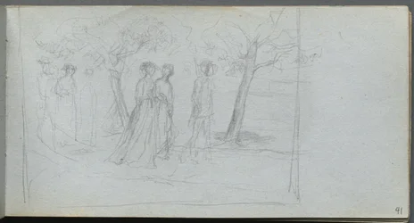 Caderno de desenho, página 41: Figuras em uma paisagem.