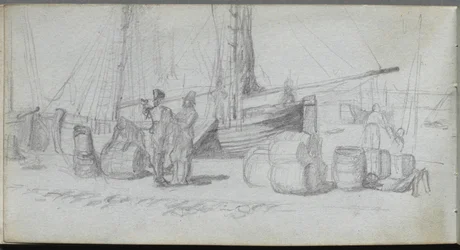Sketchbook, página 50: Barcos, Figuras, Carga na Praia