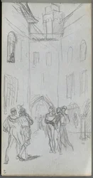 Caderno de desenho, página 63: Figuras em um pátio.