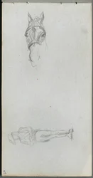 Caderno de desenho, página 69: Estudo de uma mão, um cavalo e uma figura.