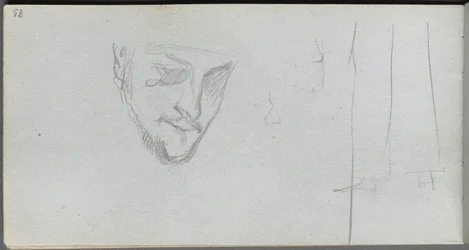 Caderno de desenho, página 83: Estudo de um rosto, pernas.