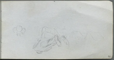 Caderno de desenho, página 97: Estudo de figuras, edifícios.