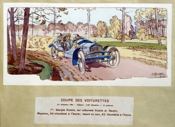Automobilismo: o corte de carroças em 1906 - desenho de Ernest Montaut (1878-1909).