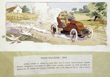 A corrida Paris - Toulouse em 1900, desenho de Ernest Montaut (1878-1909).