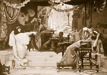 Esther denunciando Haman, ilustração de &39;Hutchinson&39;s History of the Nations&39;, c.1910 (impressão em sépia)