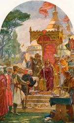 Rei João concedendo a Magna Carta em Runnymede, às margens do rio Tâmisa, perto de Windsor, Inglaterra, em 15 de junho de 1215. De Cassell&39;s History of England, publicado em 1901
